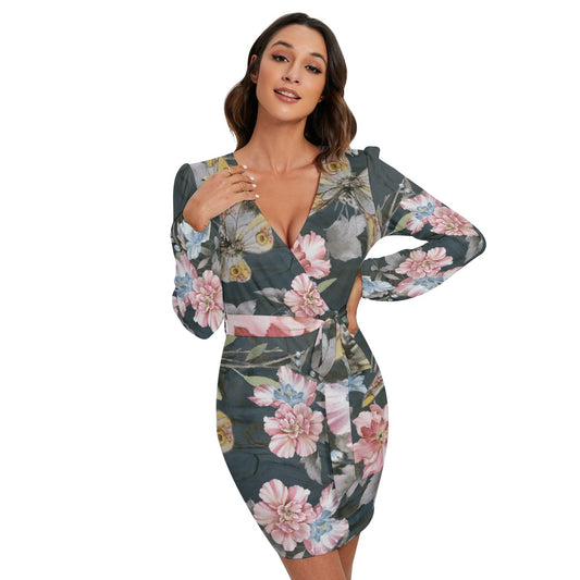 All-Over Print Women's Long Sleeve Dress With Waist Belt