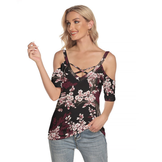 All-Over Print Women's Cold Shoulder T-shirt With Criss Cross Strips