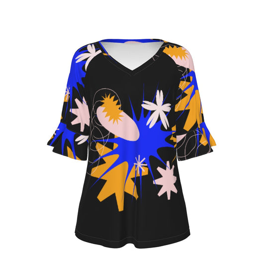 All-Over Print V-neck Women's T-shirt With Bell Sleeve