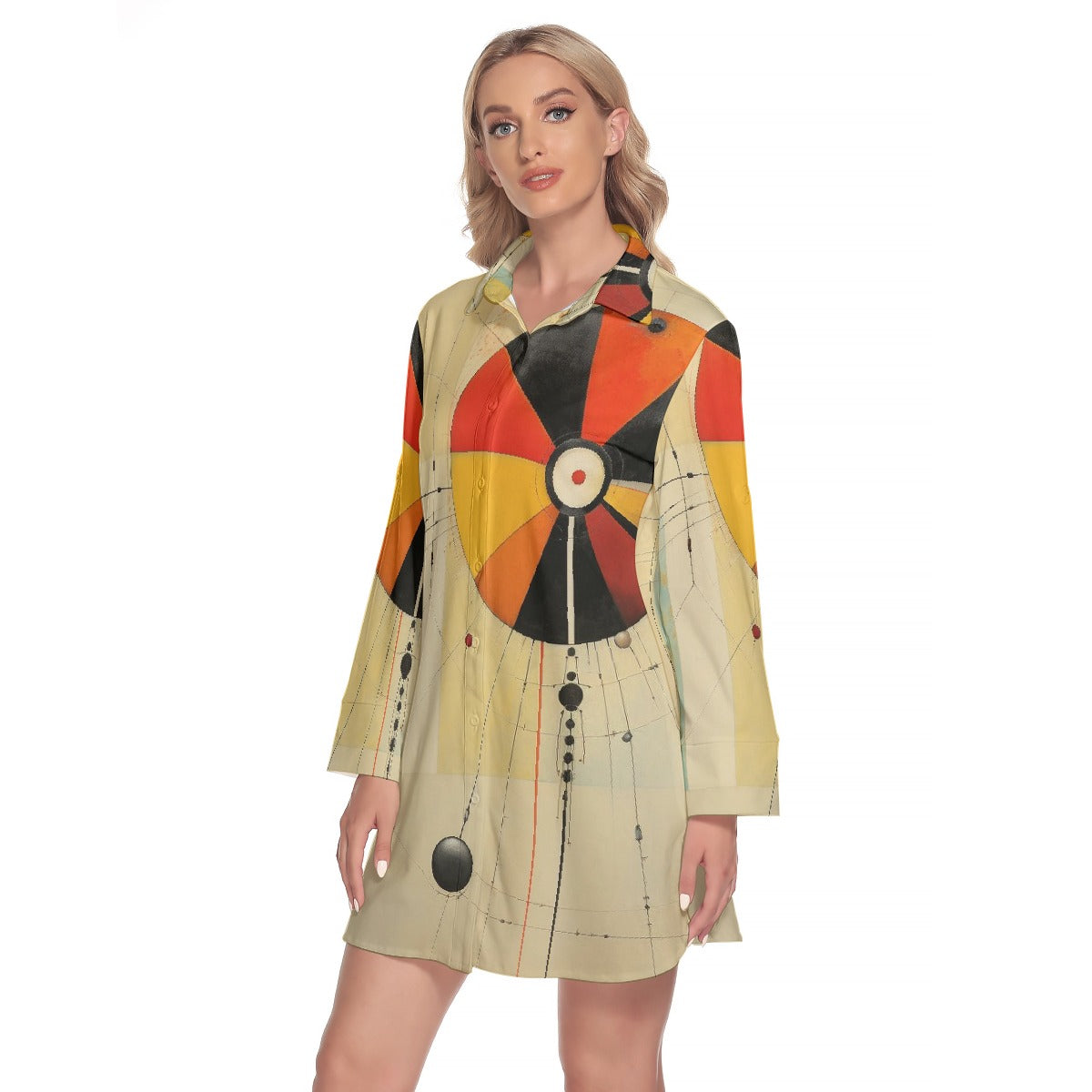 All-Over Print Women's Lapel Shirt Dress With Long Sleeve