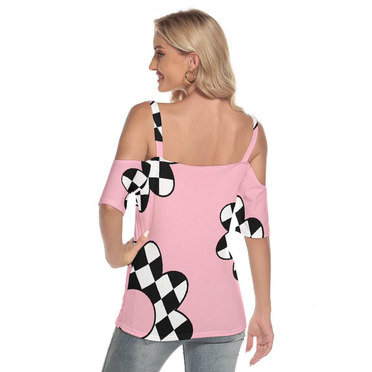 All-Over Print Women's Cold Shoulder T-shirt With Criss Cross Strips