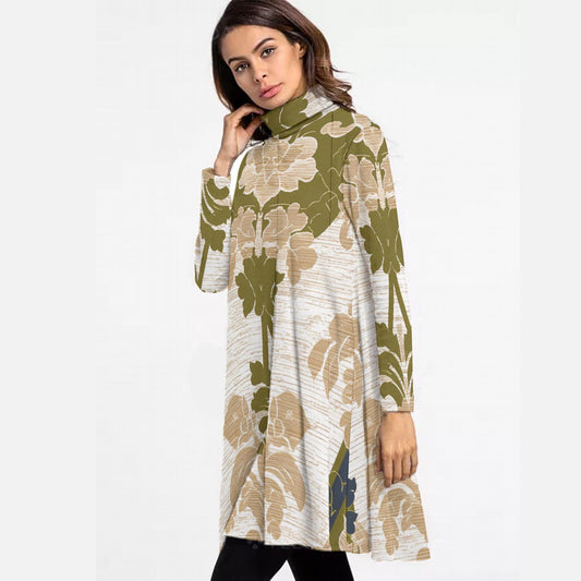 All-Over Print Women's High Neck Dress With Long Sleeve