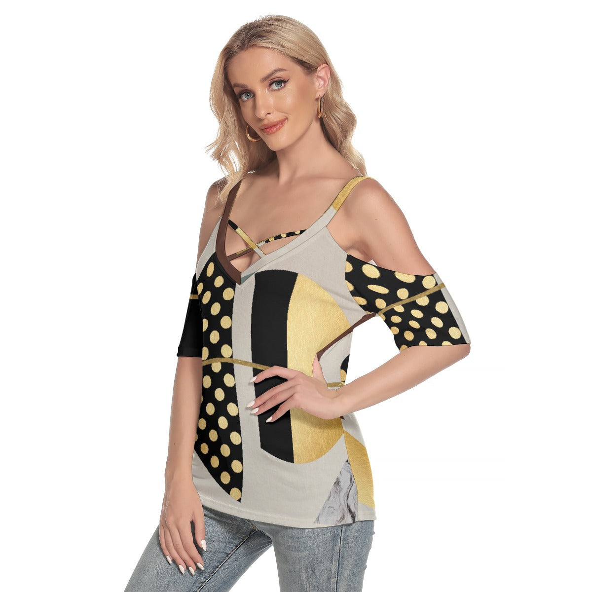 All-Over Print Women's Cold Shoulder T-shirt With Criss Cross Strips