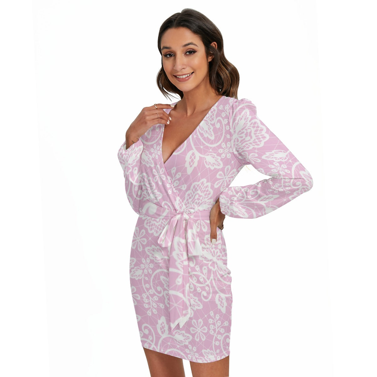 All-Over Print Women's Long Sleeve Dress With Waist Belt