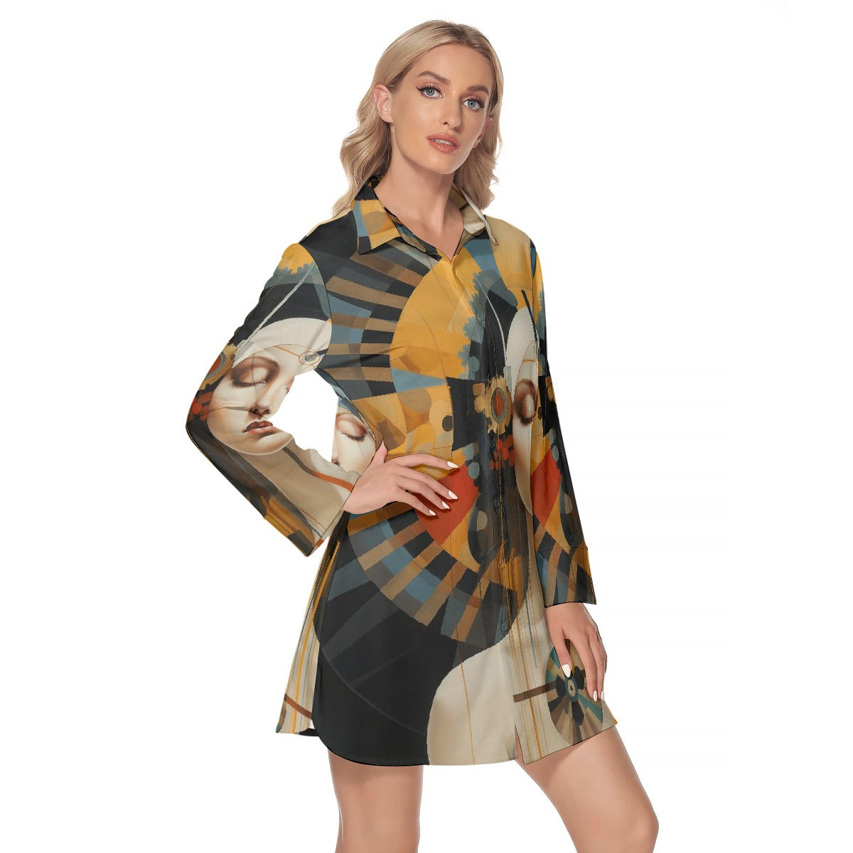 All-Over Print Women's Lapel Shirt Dress With Long Sleeve