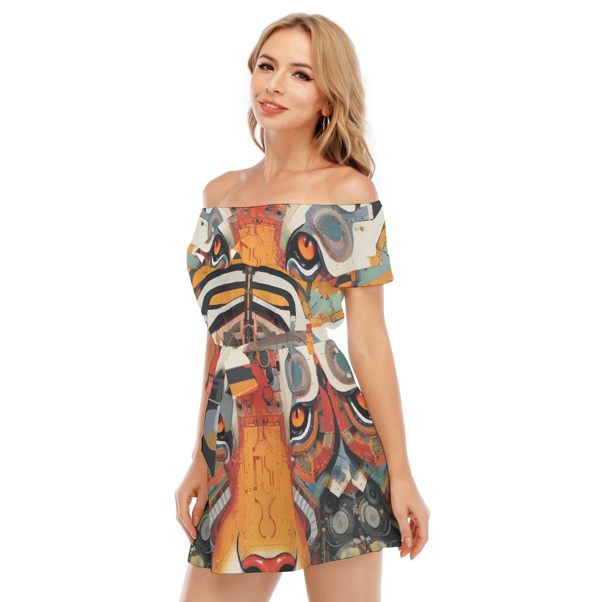 All-Over Print Women's Off-shoulder Dress With Ruffle