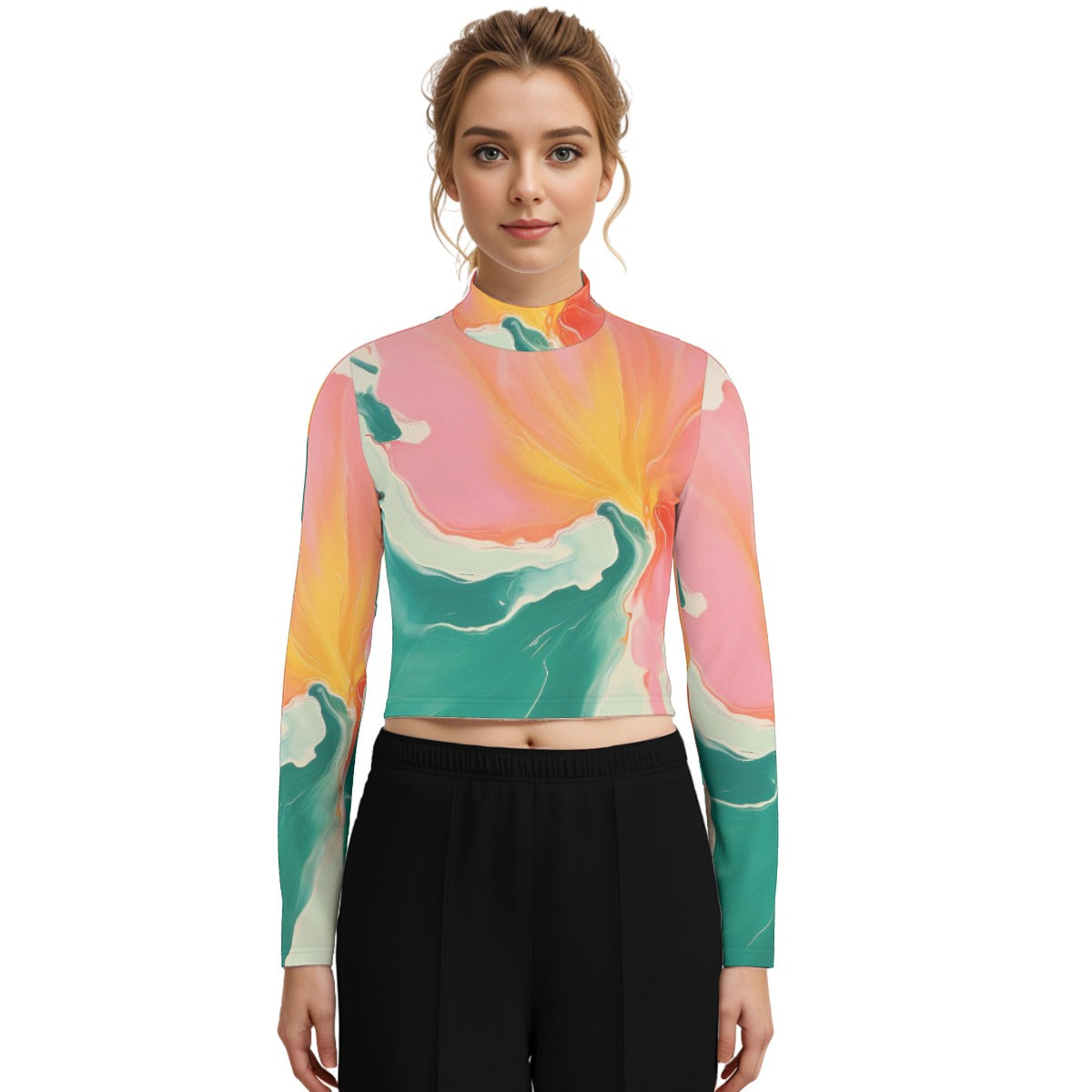 Eco-Friendly All-Over Print Women's Turtleneck T-shirt With Long Sleeve