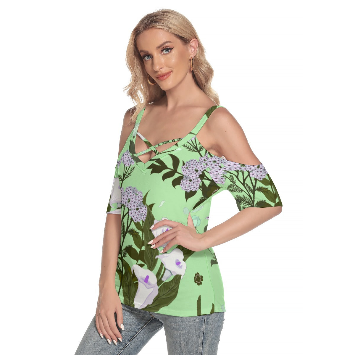 All-Over Print Women's Cold Shoulder T-shirt With Criss Cross Strips