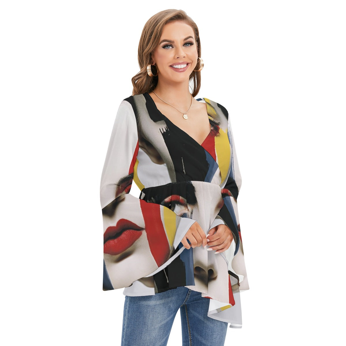 All-Over Print Women's V-neck Blouse With Flared Sleeves