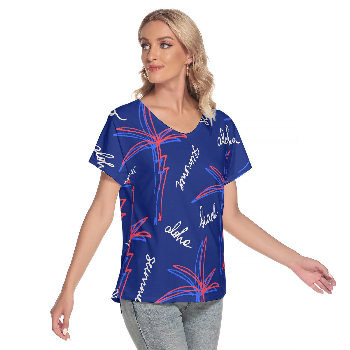 All-Over Print Women's Loose V-neck Short Sleeve T-shirt