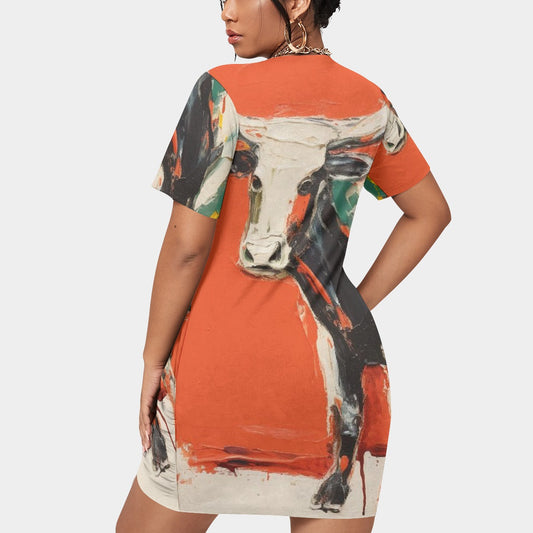 All-Over Print Women’s Stacked Hem Dress With Short Sleeve（Plus Size）