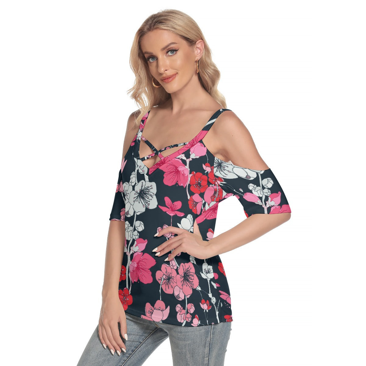 All-Over Print Women's Cold Shoulder T-shirt With Criss Cross Strips