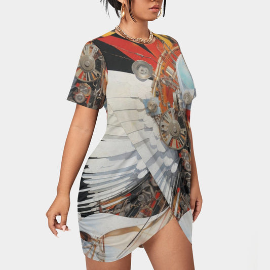 All-Over Print Women’s Stacked Hem Dress With Short Sleeve（Plus Size）