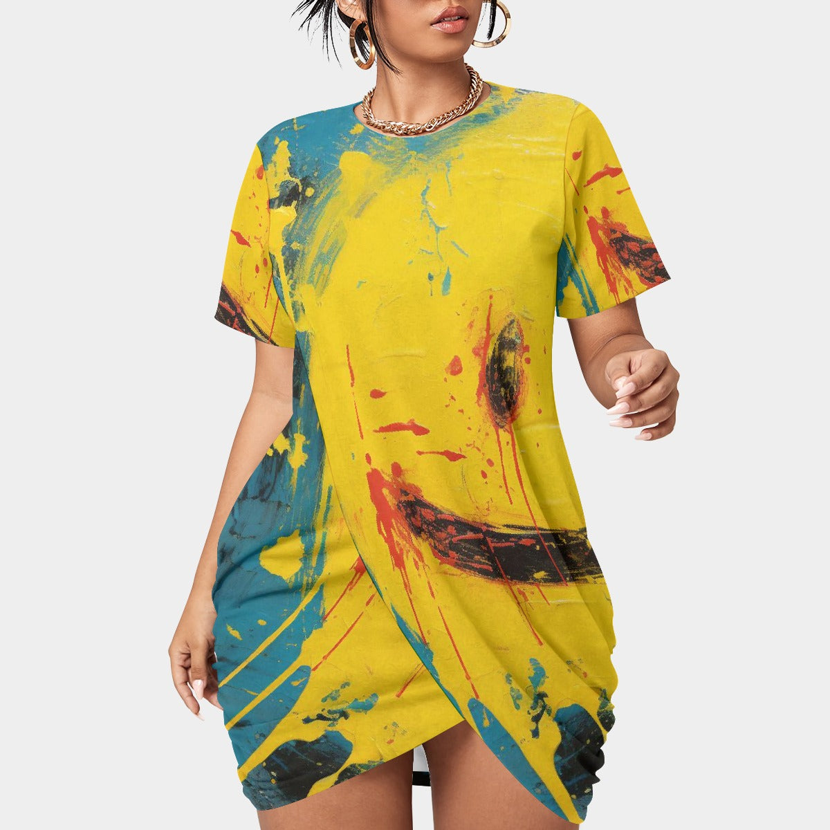 All-Over Print Women’s Stacked Hem Dress With Short Sleeve（Plus Size）