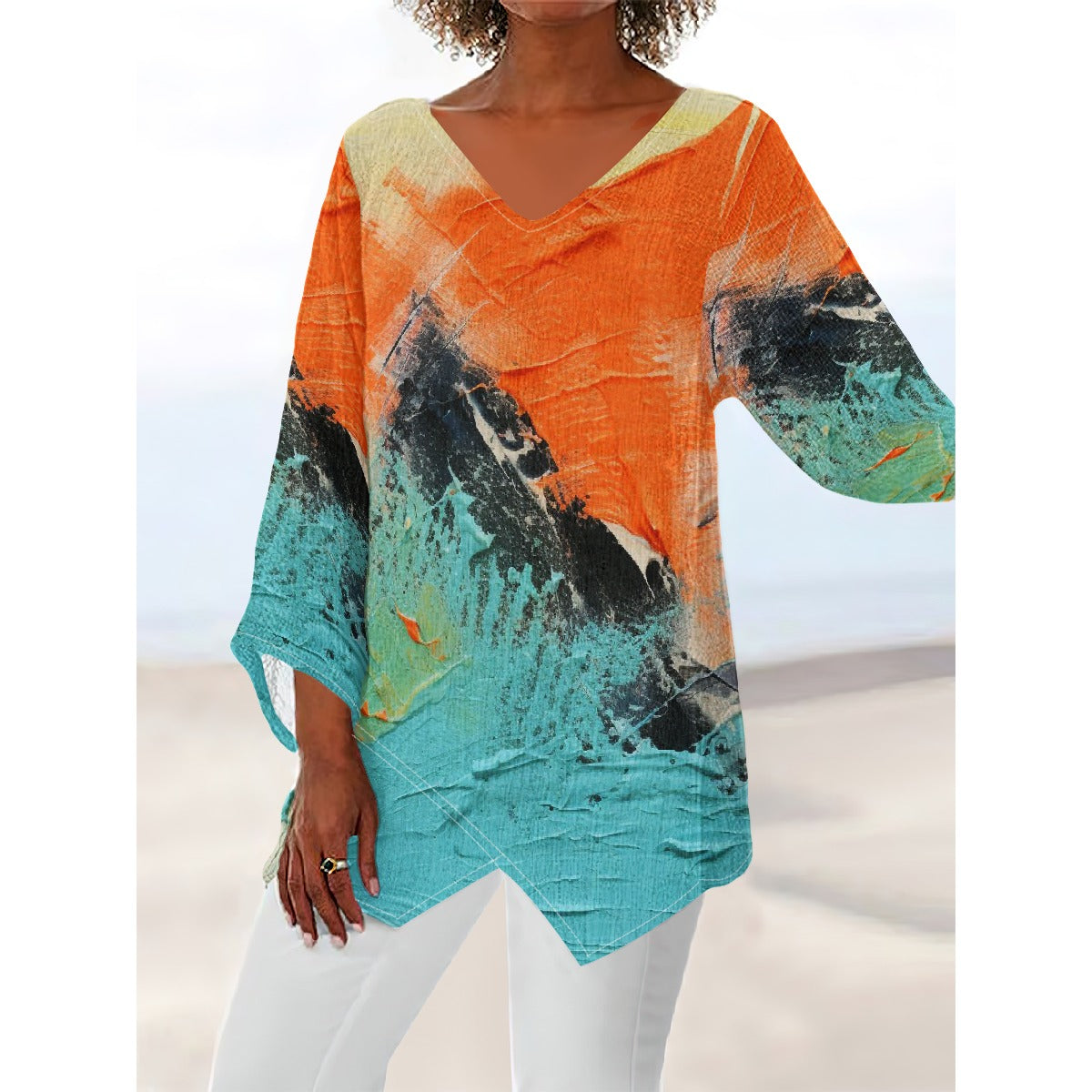 All-Over Print Women's V-neck T-shirt With Irregular Hem