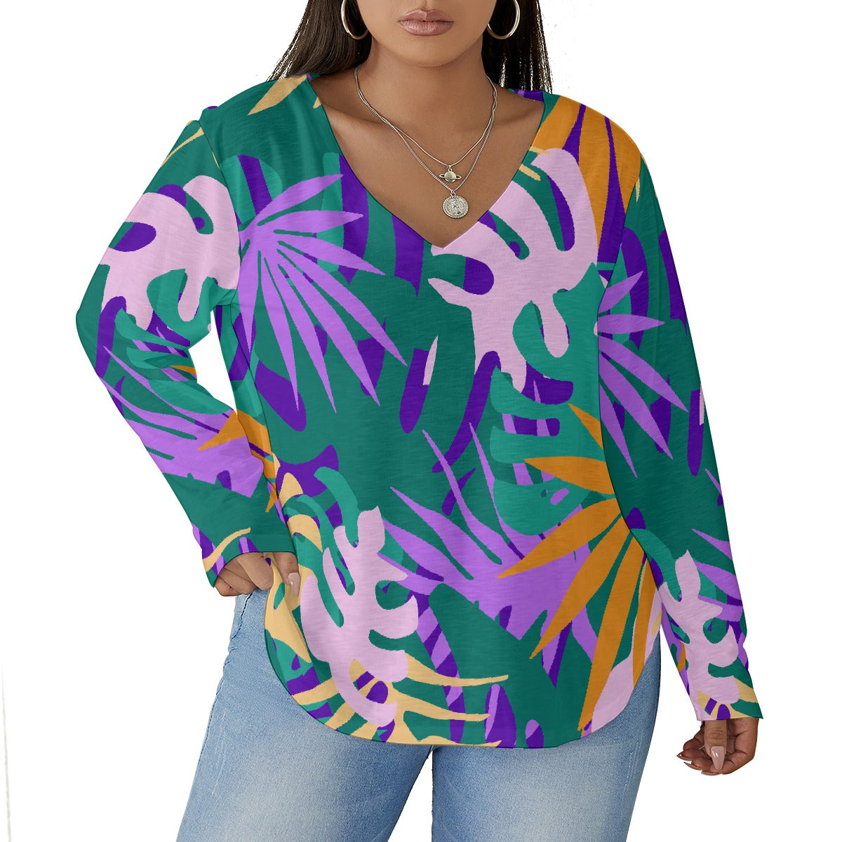 All-Over Print Women's V-neck T-shirt With Curved Hem(Plus Size)