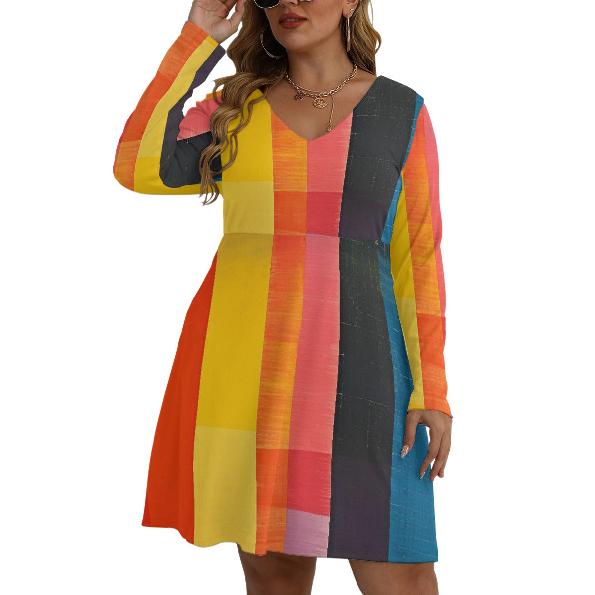 All-Over Print Women's V-neck Long Sleeve Dress(Plus Size)