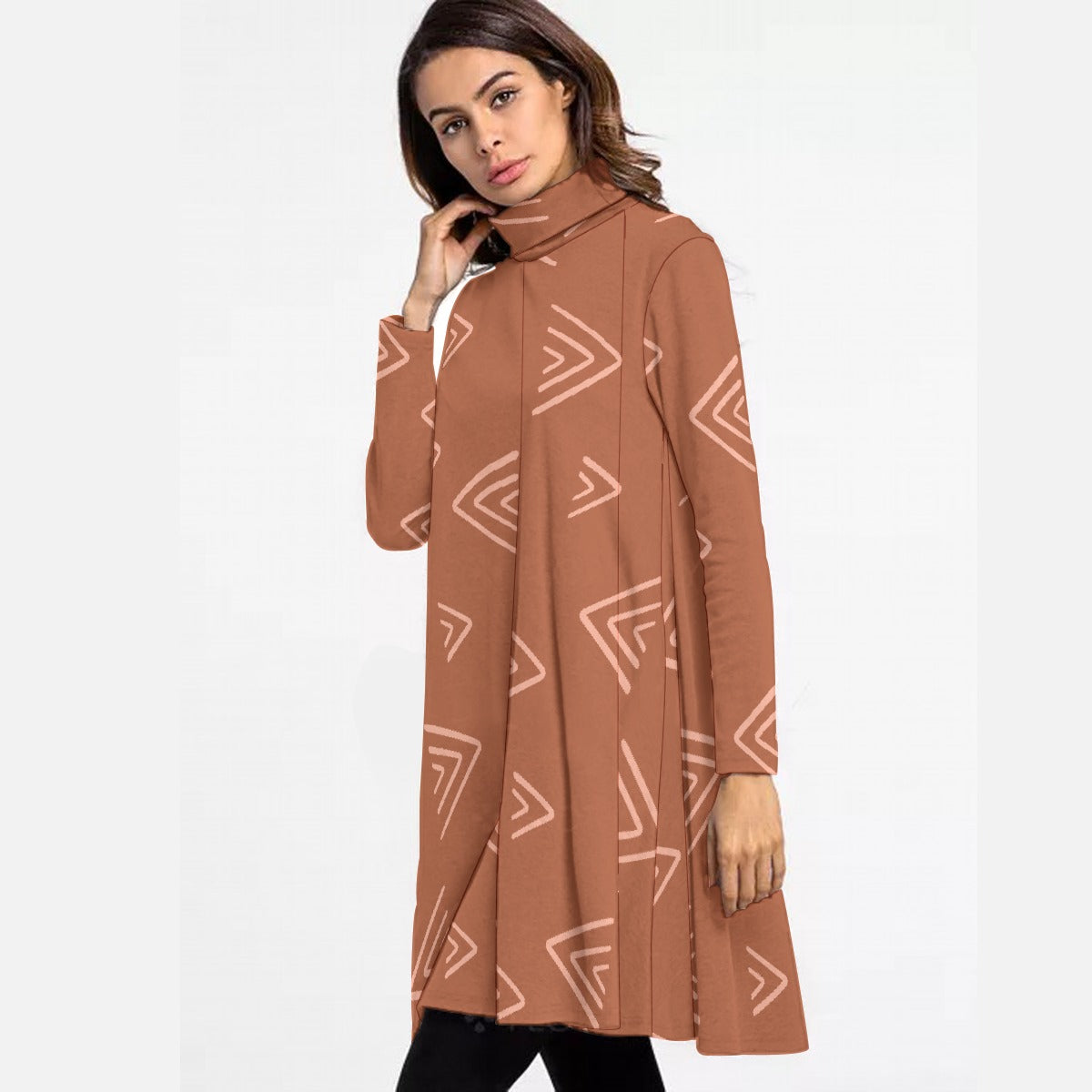 All-Over Print Women's High Neck Dress With Long Sleeve