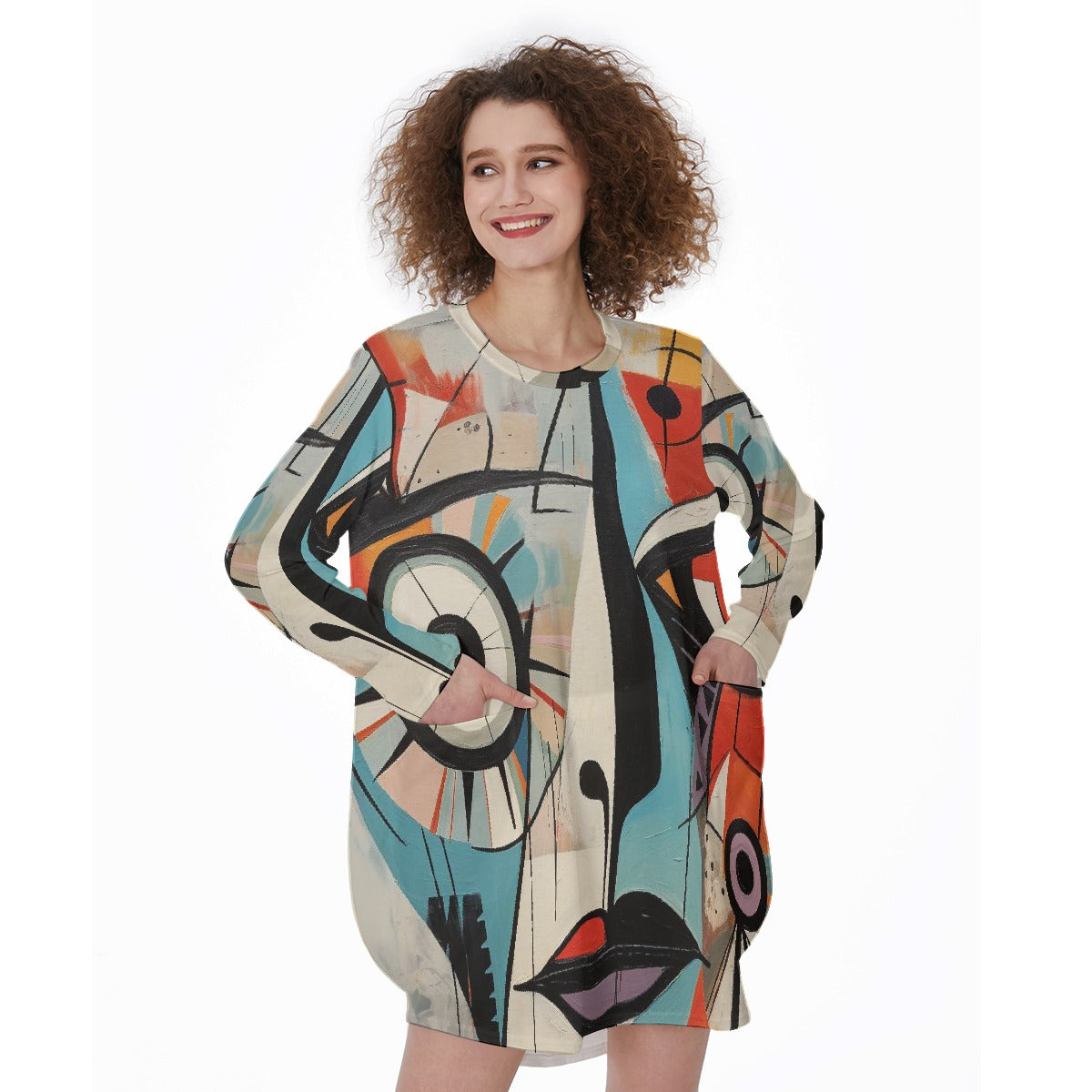 All-Over Print Women's Casual Loose Long Sleeve Dress With Pocket