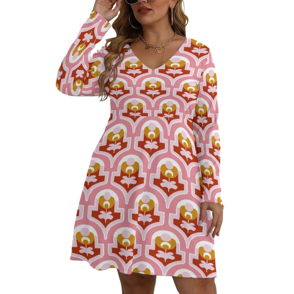 All-Over Print Women's V-neck Long Sleeve Dress(Plus Size)