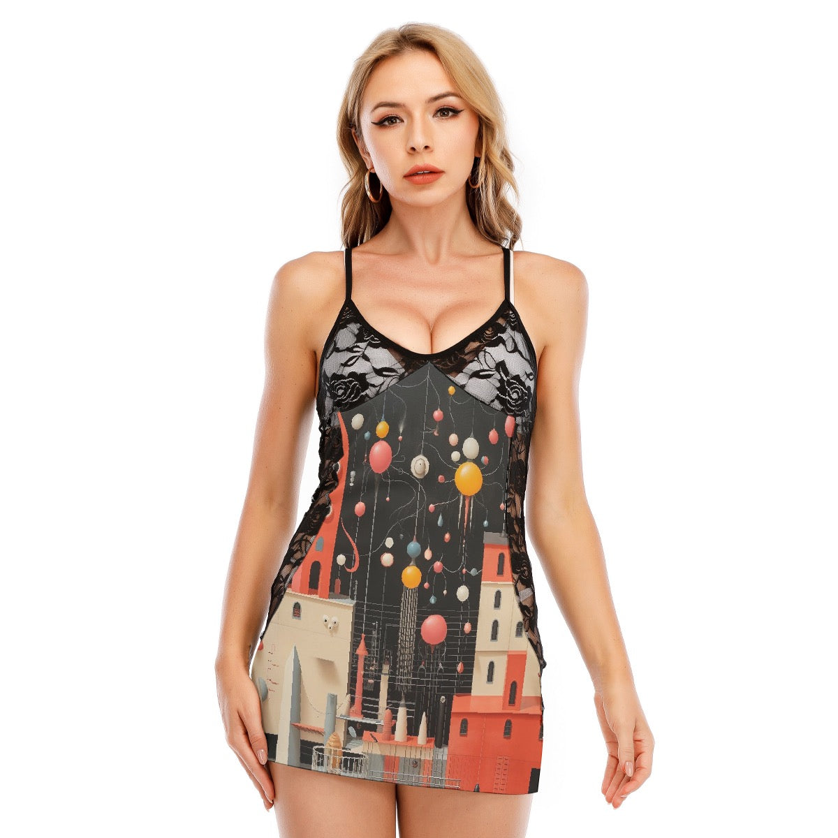 All-Over Print Women's Black Lace Cami Dress