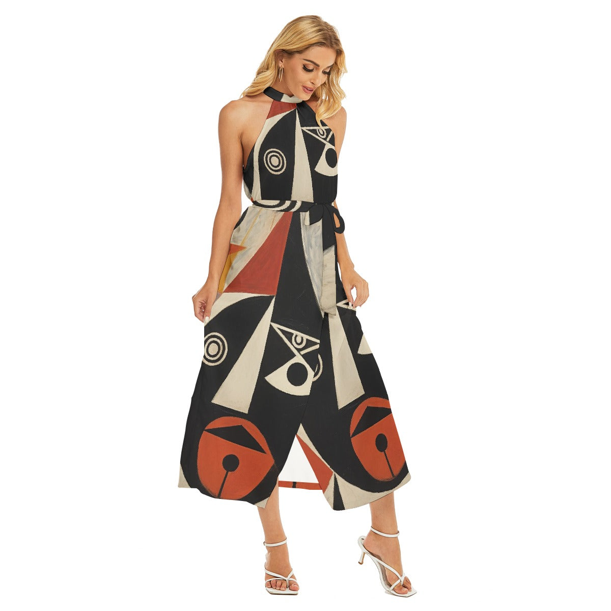 All-Over Print Women's Wrap Hem Belted Halter Dress