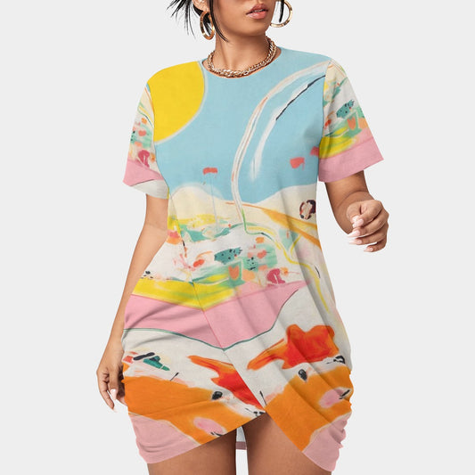 All-Over Print Women’s Stacked Hem Dress With Short Sleeve（Plus Size）