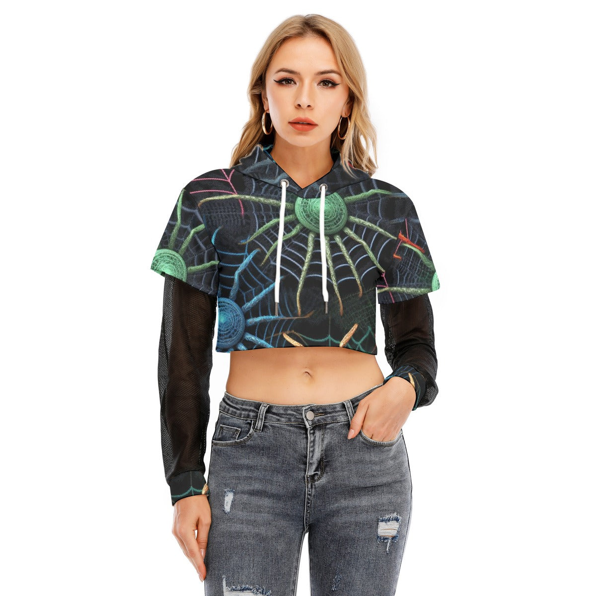 All-Over Print Women's Fake Two-piece Mesh Sleeve Cropped Hoodie