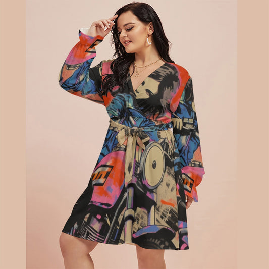 All-Over Print Women's V-neck Dress With Waistband(Plus Size)