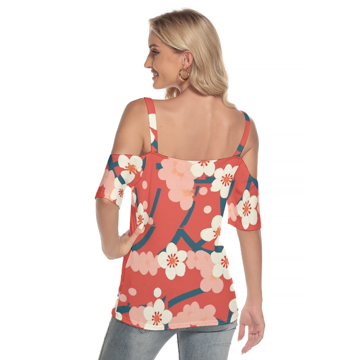 All-Over Print Women's Cold Shoulder T-shirt With Criss Cross Strips