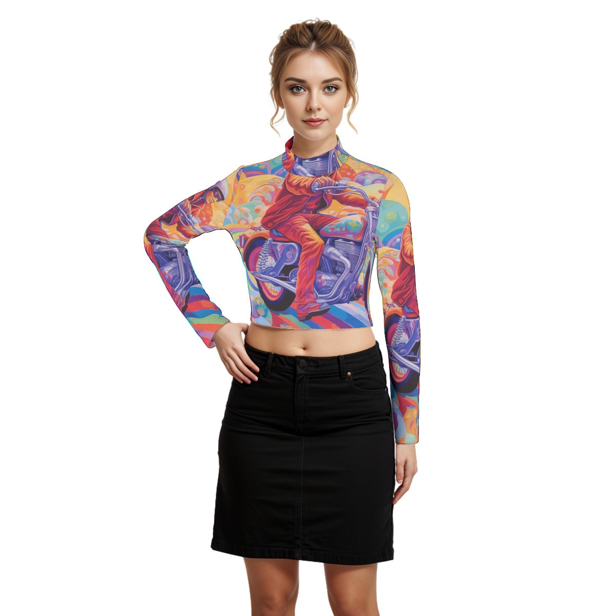 Eco-Friendly All-Over Print Women's Turtleneck T-shirt With Long Sleeve