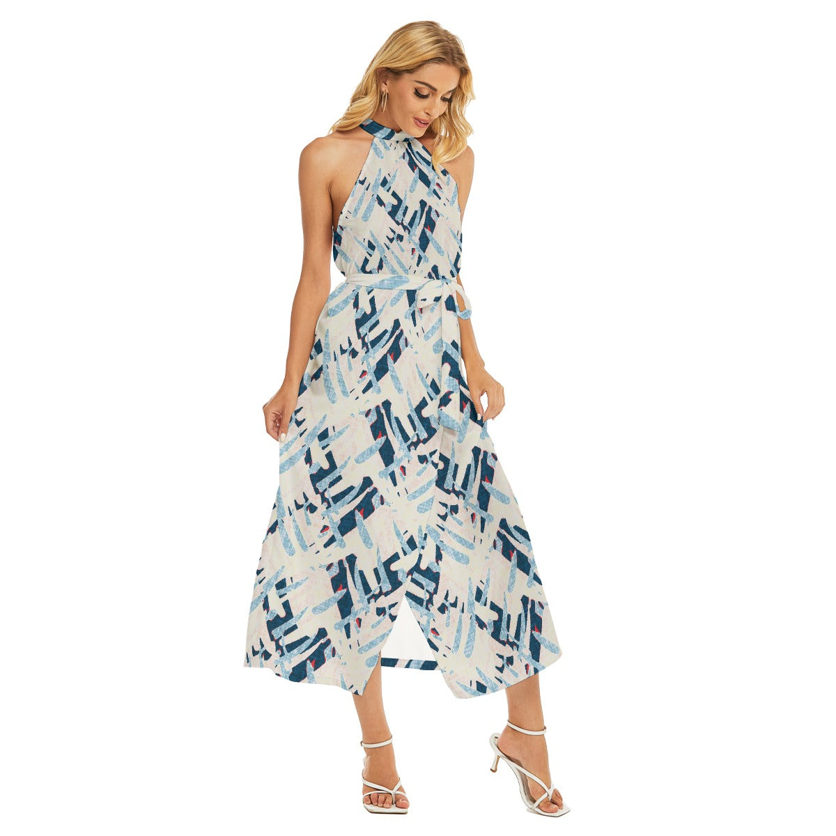 All-Over Print Women's Wrap Hem Belted Halter Dress