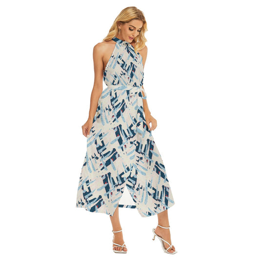 All-Over Print Women's Wrap Hem Belted Halter Dress