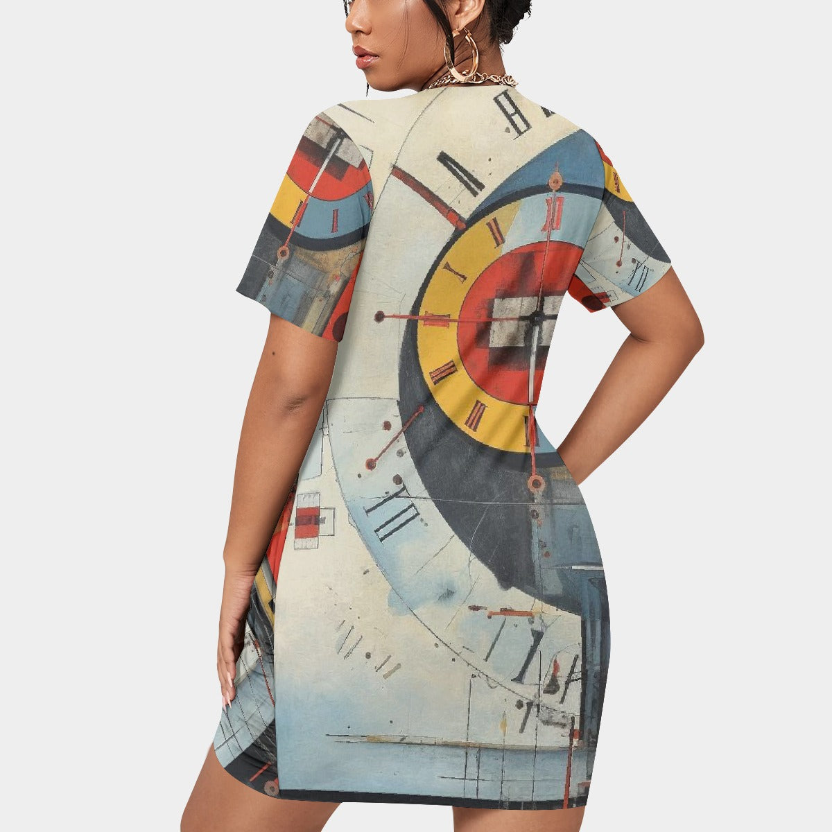 All-Over Print Women’s Stacked Hem Dress With Short Sleeve（Plus Size）