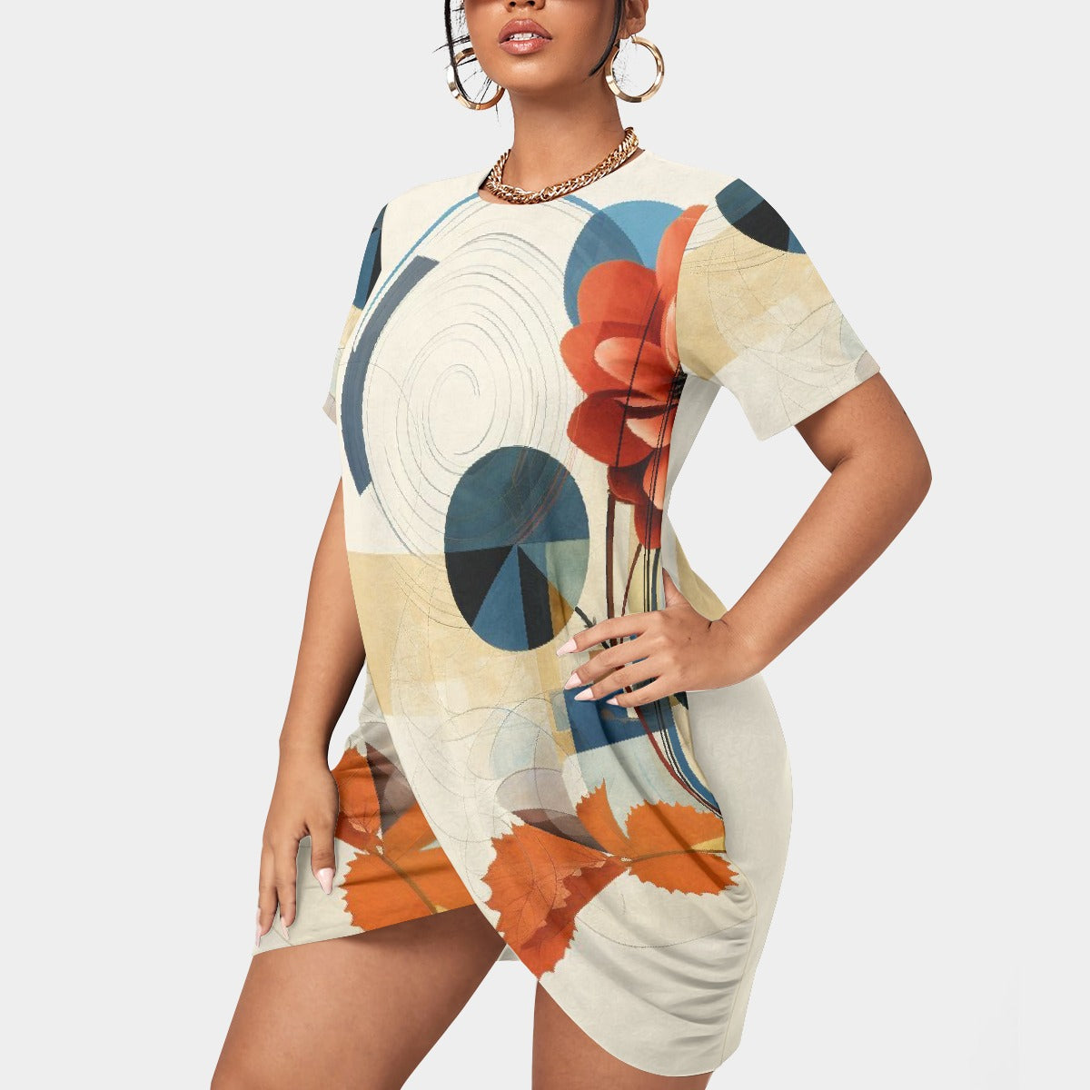 All-Over Print Women’s Stacked Hem Dress With Short Sleeve（Plus Size）