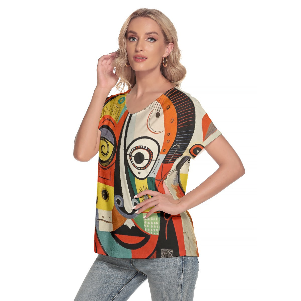 All-Over Print Women's Loose V-neck Short Sleeve T-shirt