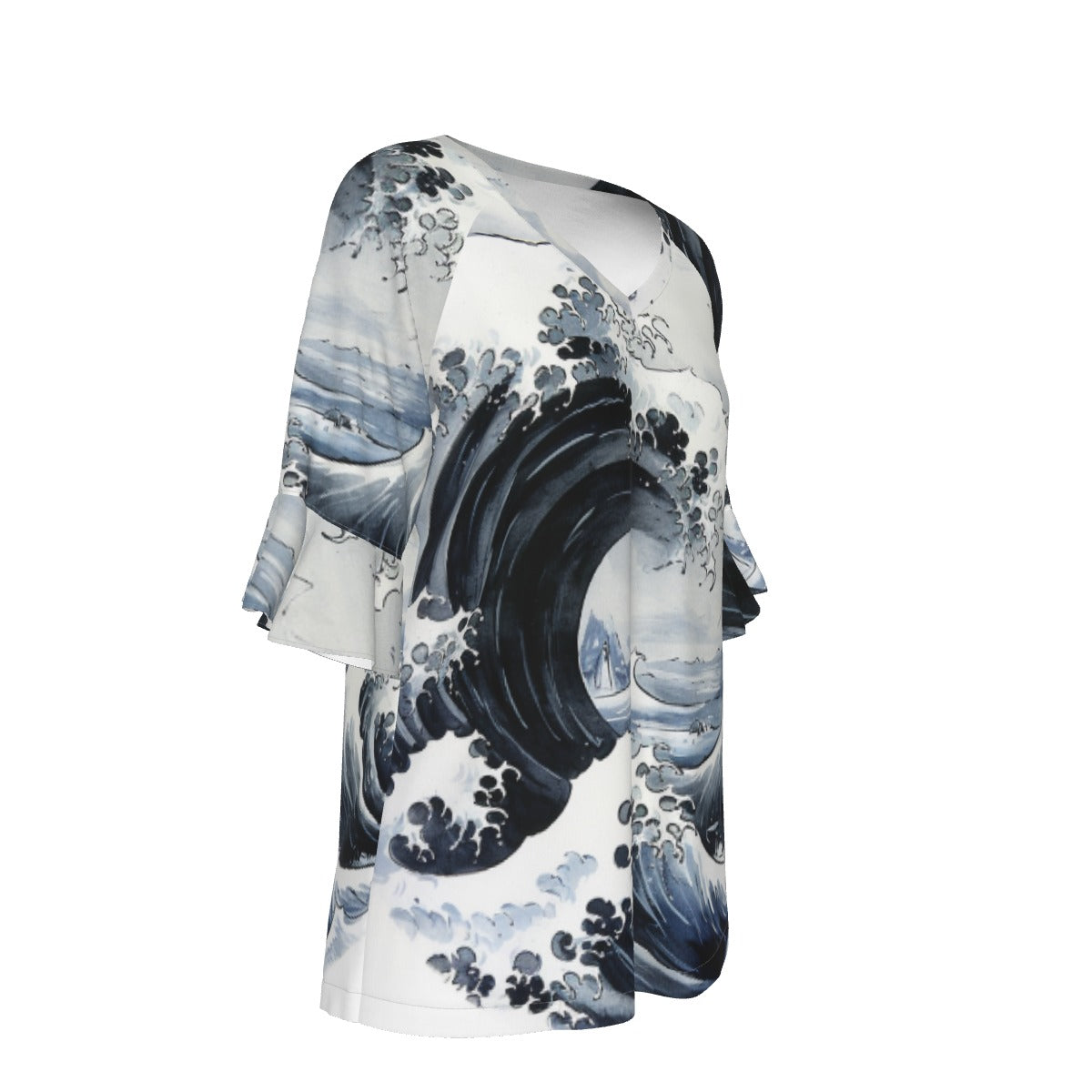 All-Over Print V-neck Women's T-shirt With Bell Sleeve