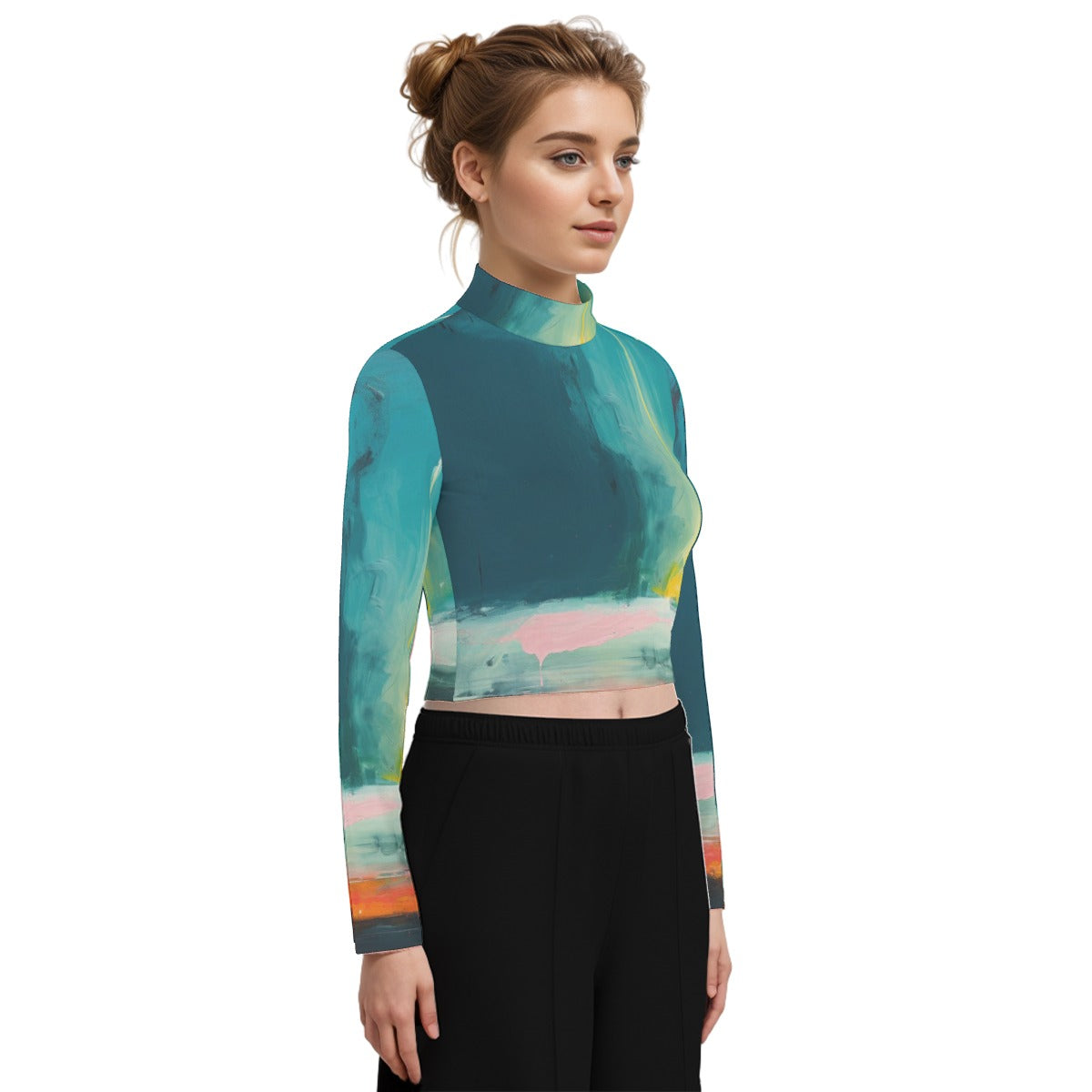 Eco-Friendly All-Over Print Women's Turtleneck T-shirt With Long Sleeve