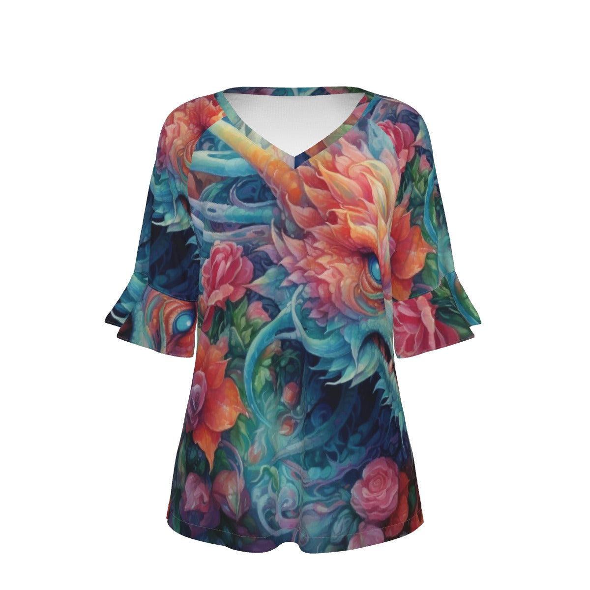 All-Over Print V-neck Women's T-shirt With Bell Sleeve