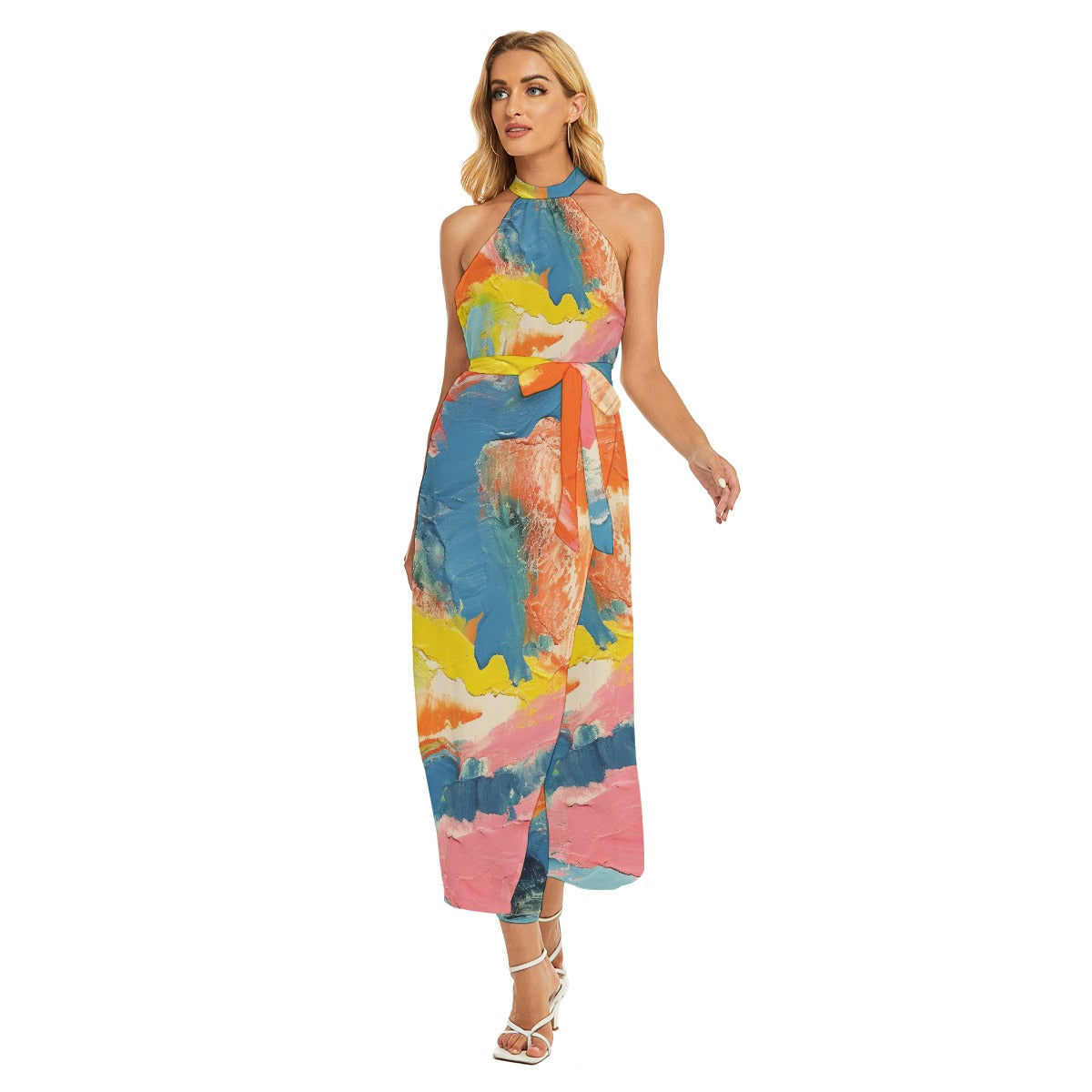 All-Over Print Women's Wrap Hem Belted Halter Dress