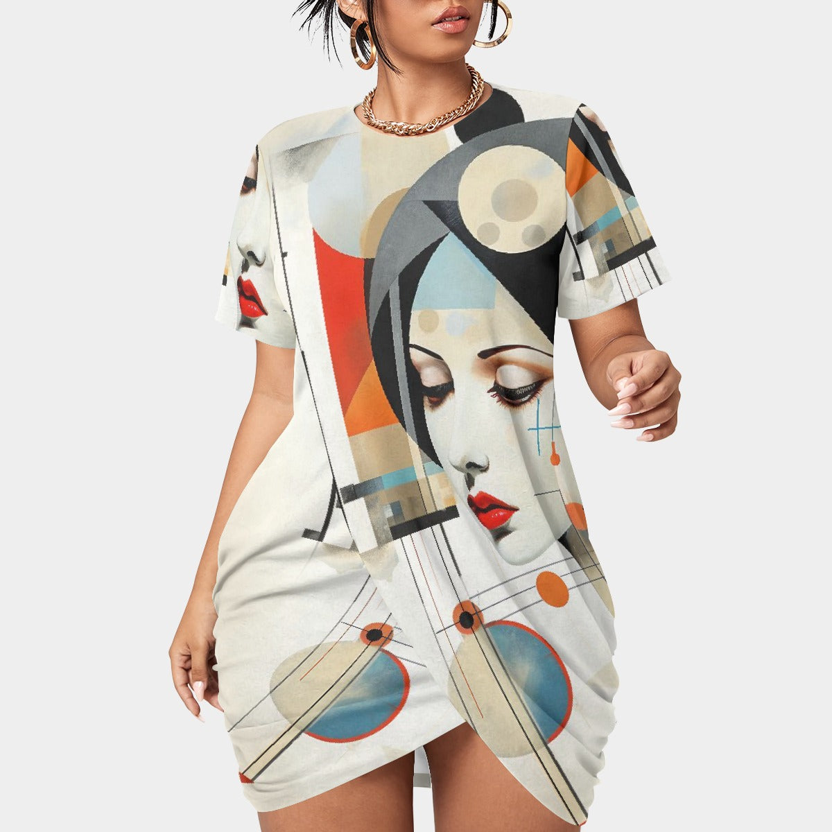 All-Over Print Women’s Stacked Hem Dress With Short Sleeve（Plus Size）