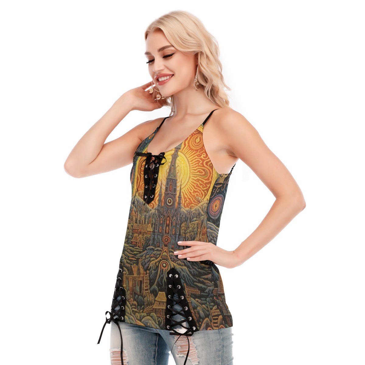 All-Over Print Women's V-neck Eyelet Lace-up Cami Dress