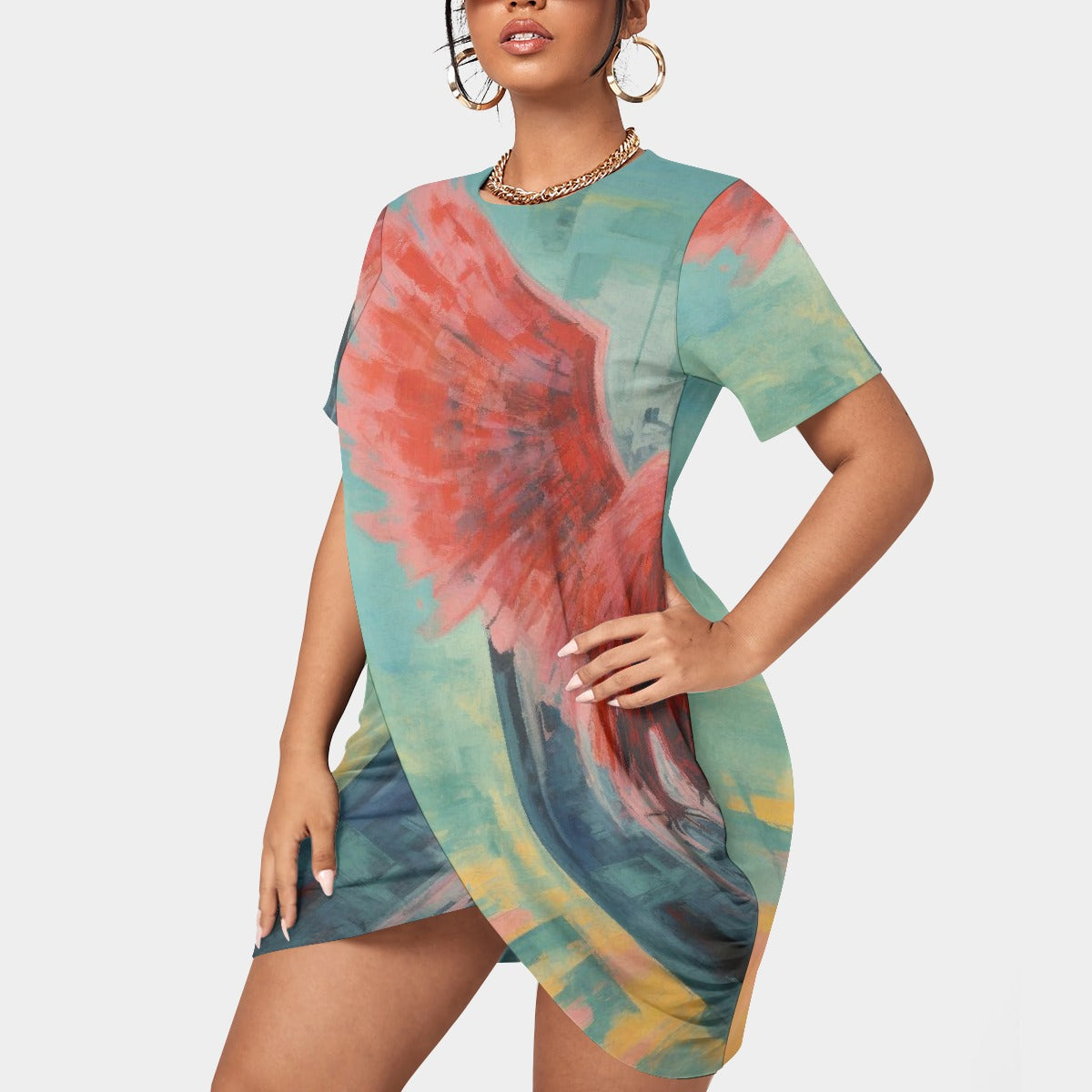 All-Over Print Women’s Stacked Hem Dress With Short Sleeve（Plus Size）