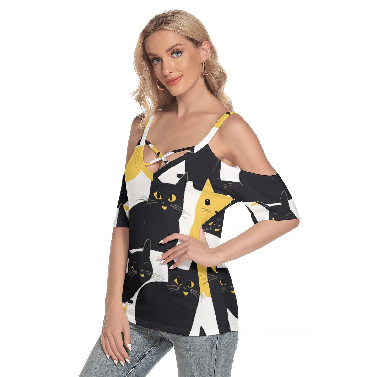 All-Over Print Women's Cold Shoulder T-shirt With Criss Cross Strips