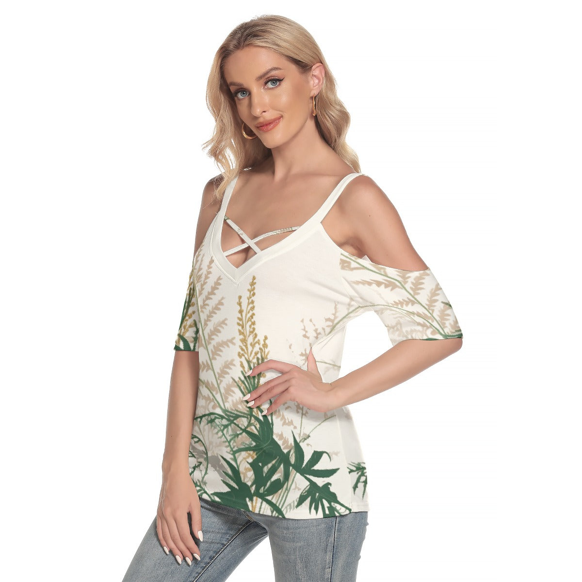 All-Over Print Women's Cold Shoulder T-shirt With Criss Cross Strips