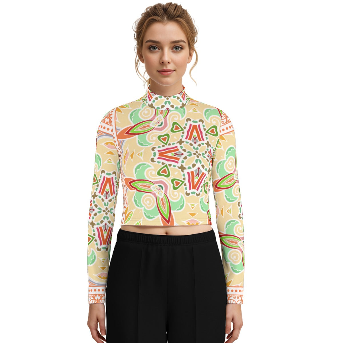 Eco-Friendly All-Over Print Women's Turtleneck T-shirt With Long Sleeve