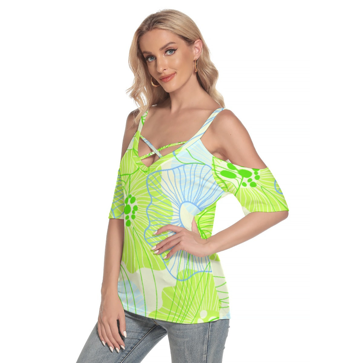 All-Over Print Women's Cold Shoulder T-shirt With Criss Cross Strips