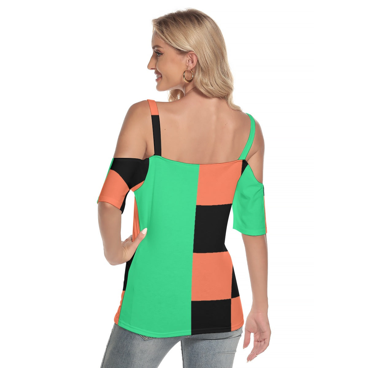 All-Over Print Women's Cold Shoulder T-shirt With Criss Cross Strips