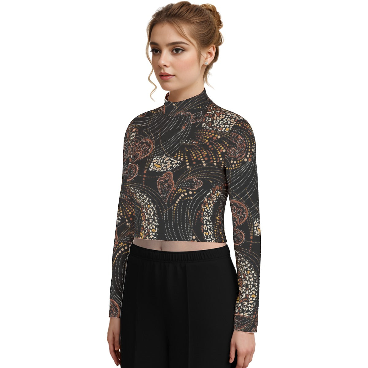 Eco-Friendly All-Over Print Women's Turtleneck T-shirt With Long Sleeve