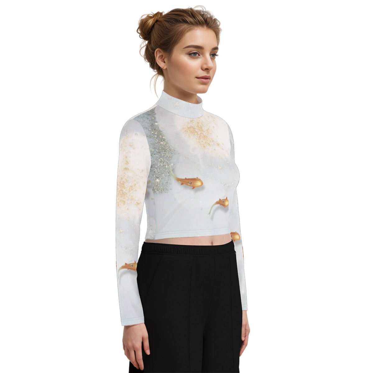 Eco-Friendly All-Over Print Women's Turtleneck T-shirt With Long Sleeve